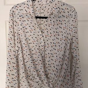 Pullover ruched front long sleeved cream black  blue rust print buttoned front